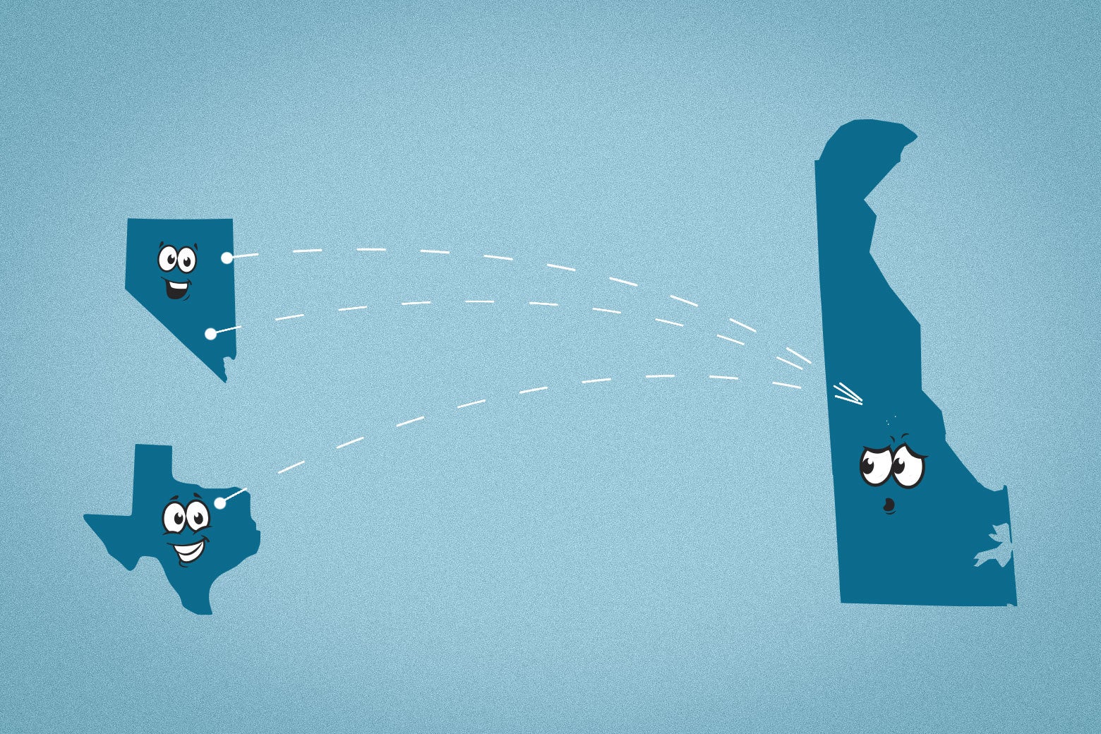 Outlines of three states, Nevada, Texas, and Delaware, are illustrated with cartoon faces. Delaware is looking to the left with a concerned look, following dotted lines signaling a move from Delaware to cities in Nevada or Texas. Both of those states have excited, smiling faces. The states are a dark shade of blue, against a light blue gradient background. 