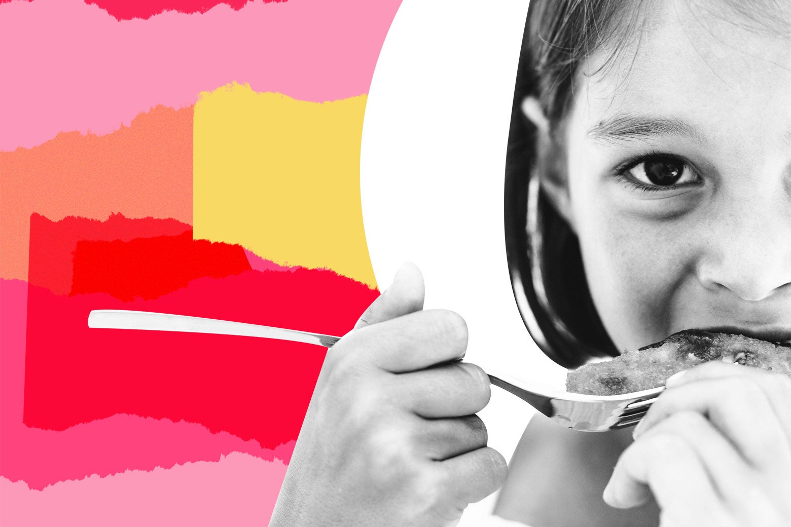 Little girl eating a fish stick off a fork.