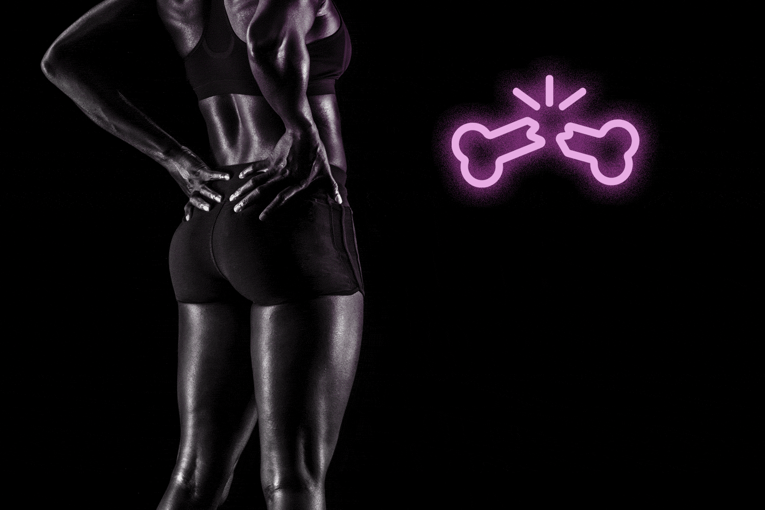 woman with hands on hips and an illustration of a flashing broken bone