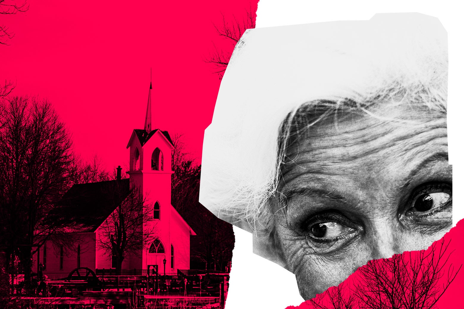 Photo illustration: An elderly woman side-eyes a church.