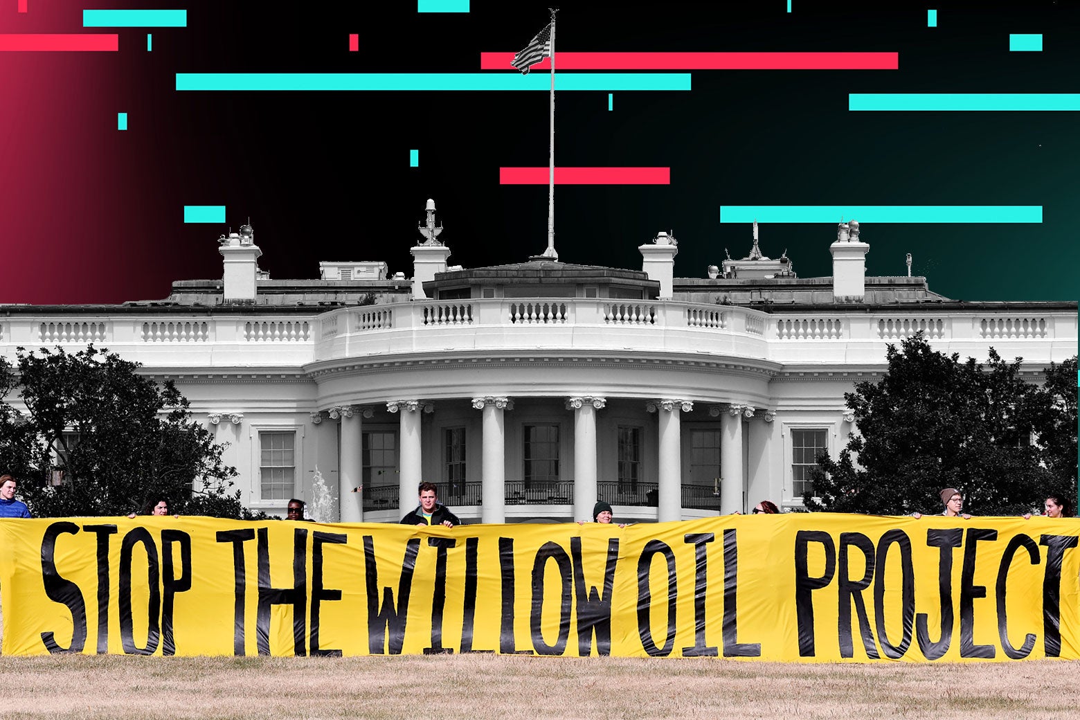 Protesters hold a banner reading "STOP THE WILLOW OIL PROJECT" in front of the White House. Horizontal lines with TikTok-branding colors hover in the background against a black sky.