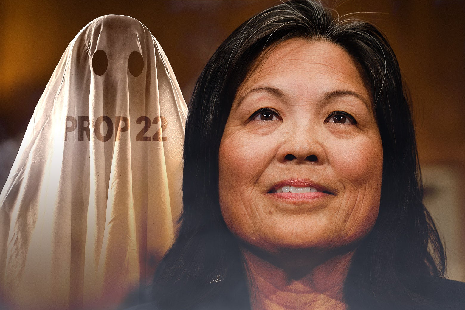 A ghost labeled "Prop 22" looms behind an image of Julie Su, who is President Biden's nominee for labor secretary.