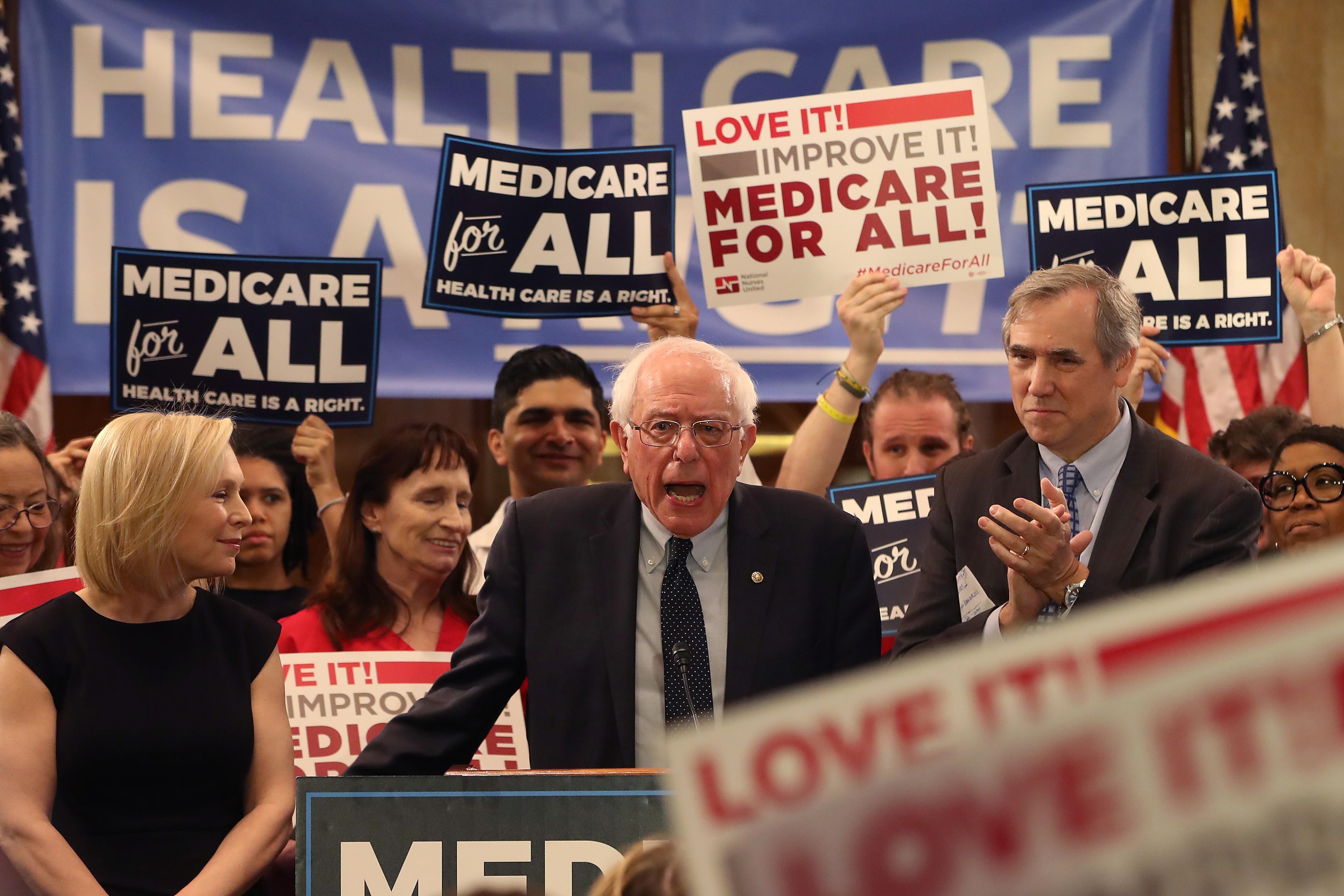Vermont Sen. Bernie Sanders speaks while introducing the Medicare for All Act of 2019.