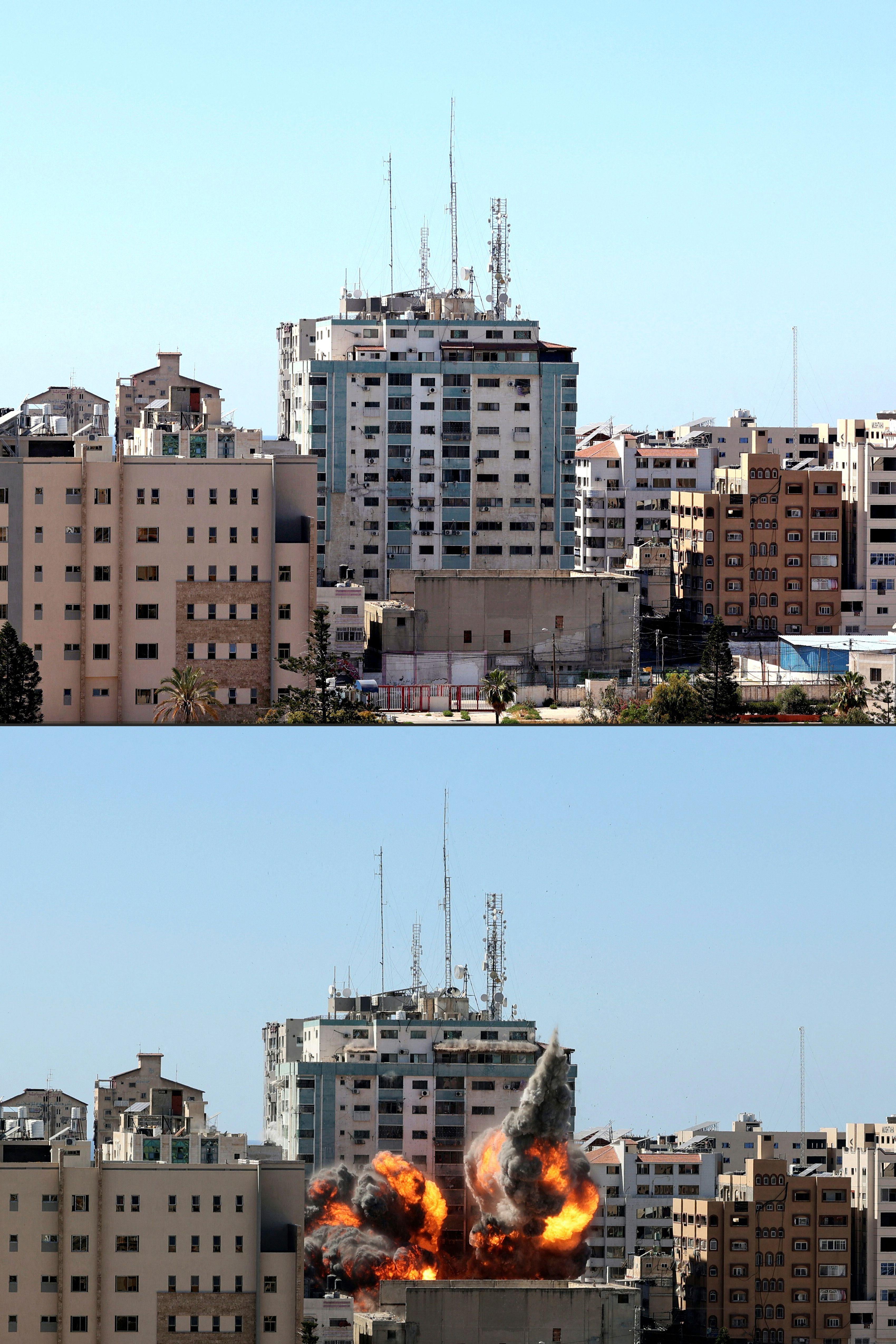 This combination of pictures created on May 15, 2021 shows, the Jala Tower (highest building) housing international media outlets in Gaza city on May 15, 2021, and a ball of fire erupting from the the same building after being hit by an Israeli airstrike on the same day. Israeli air strikes pounded the Gaza Strip, killing 10 members of an extended family and demolishing a key media building, while Palestinian militants launched rockets in return amid violence in the West Bank. Israel's air force targeted the 13-floor Jala Tower housing Qatar-based Al-Jazeera television and the Associated Press news agency. (Photos by MAHMUD HAMS / AFP) (Photo by MAHMUD HAMS/AFP via Getty Images)
