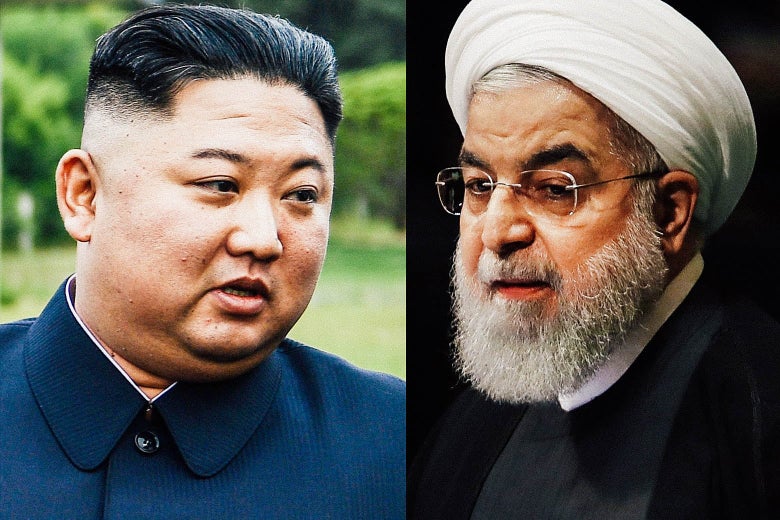Diptych of Kim and Rouhani.