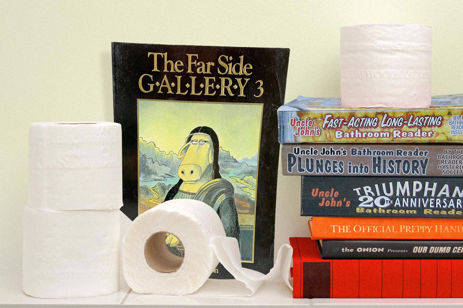 Several books on top of a toilet tank, with toilet paper rolls next to them. 