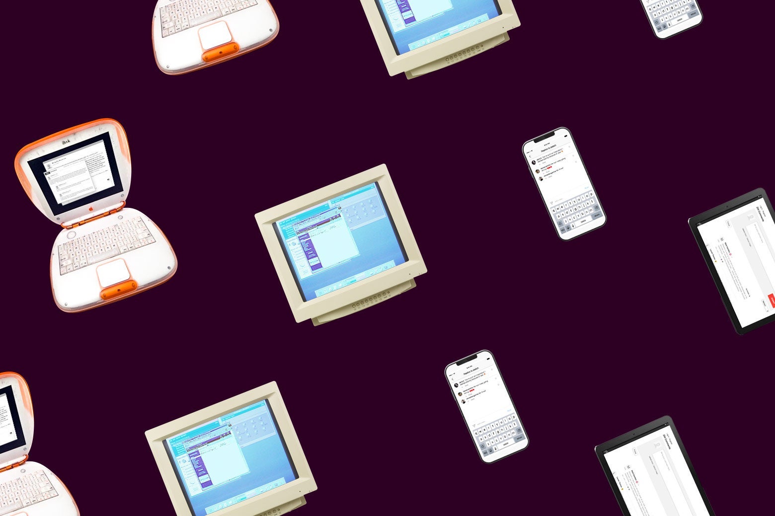 A pattern of laptops, desktop monitors, smartphones, and tablets.