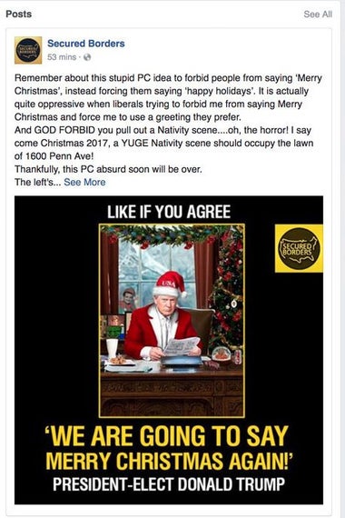 One of the ads posts by the Internet Research Agency that Facebook provided to Congress. It focuses on the so-called war on Christmas.