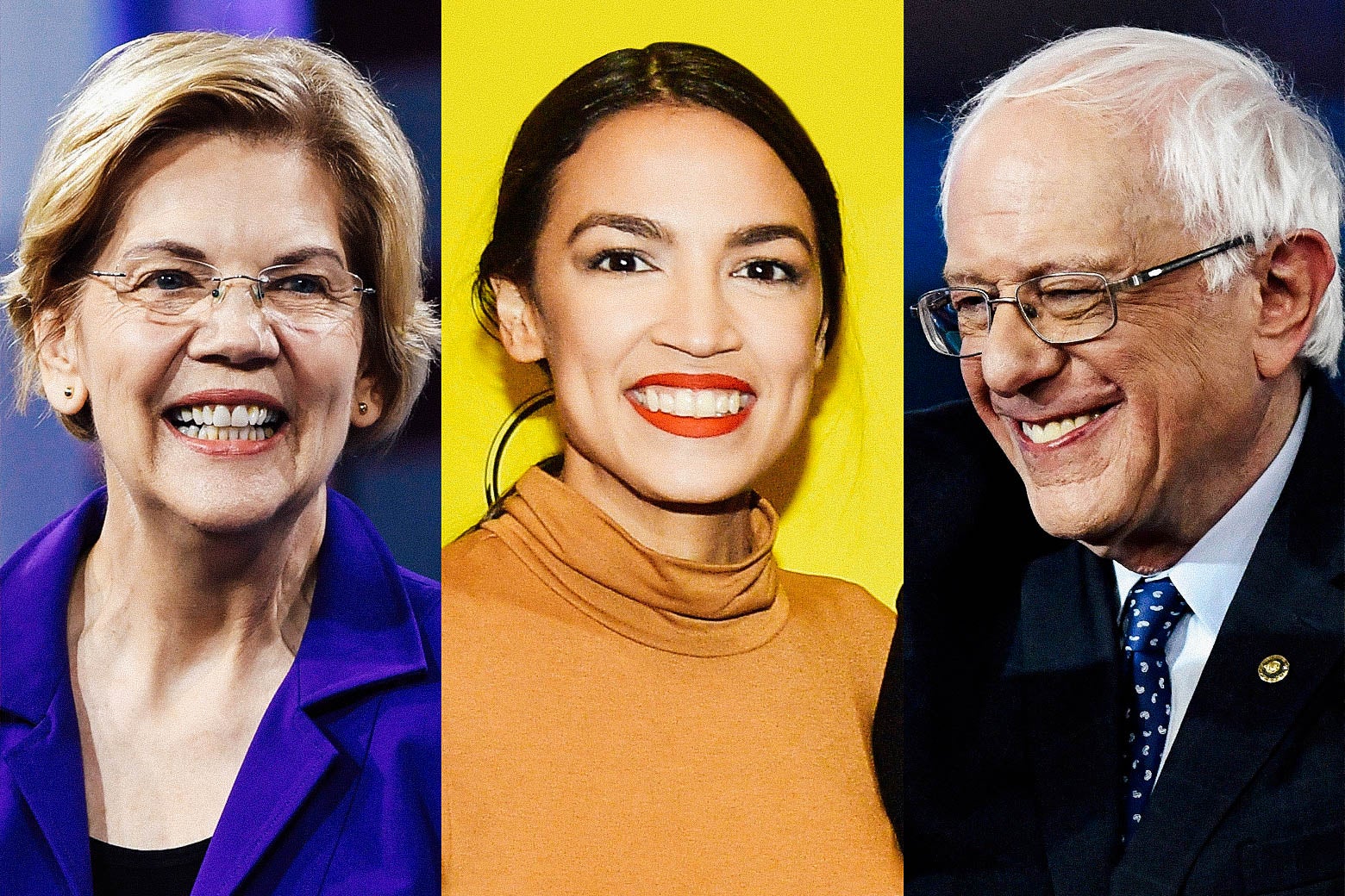 Photo illustration of Elizabeth Warren, Alexandria Ocasio-Cortez, and Bernie Sanders
