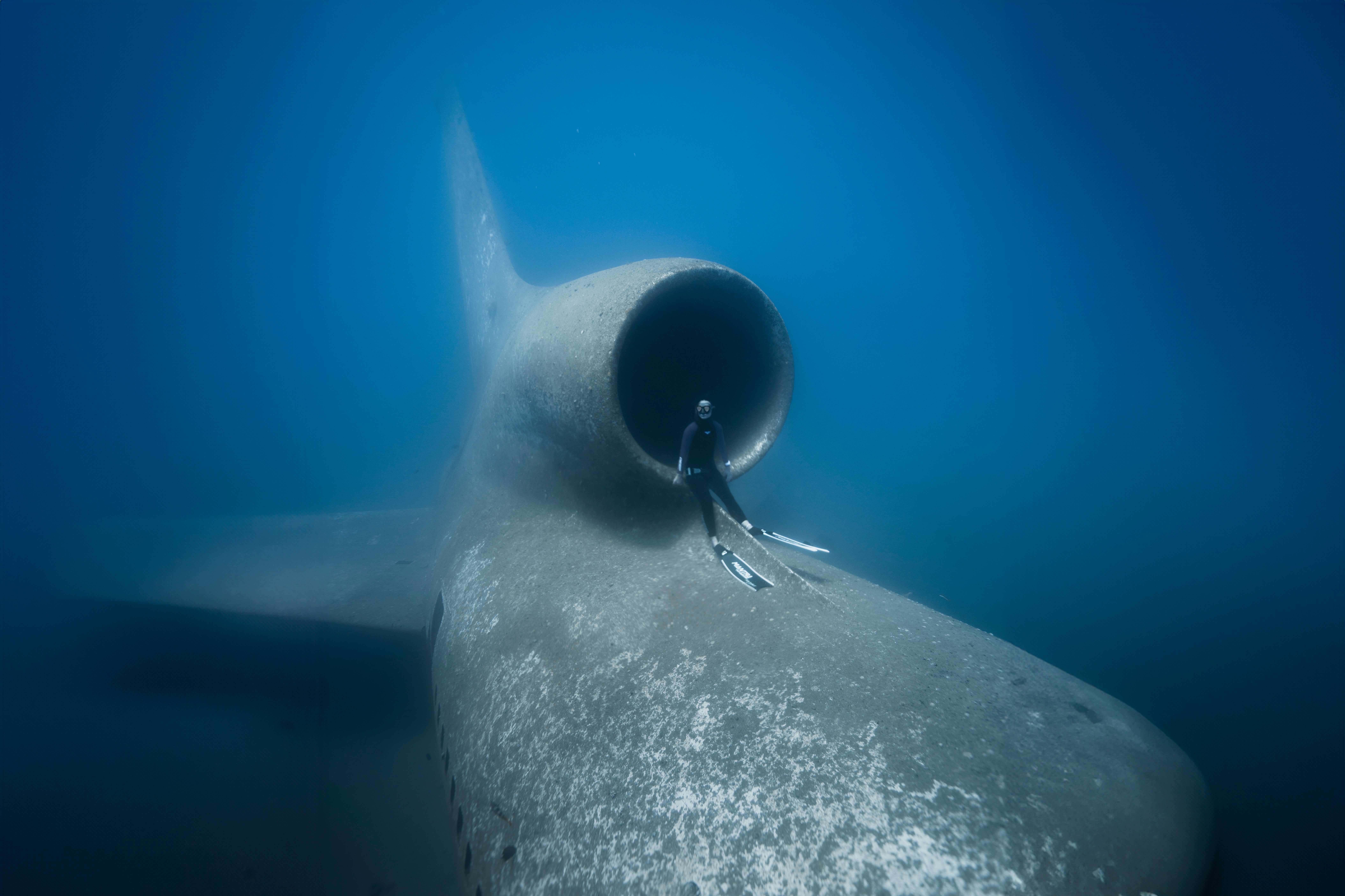 A person in a wetsuit is sitting in the opening for an engine on a sunken jet.