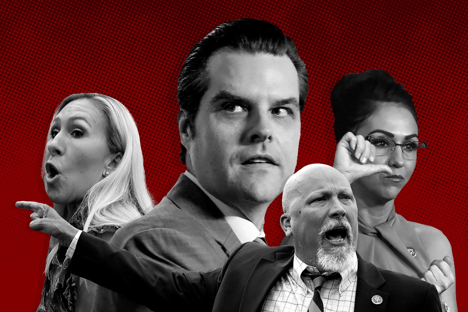 Marjorie Taylor Greene, Chip Roy, Lauren Boebert, and Matt Gaetz in various states of annoyance and pushiness against a red background.