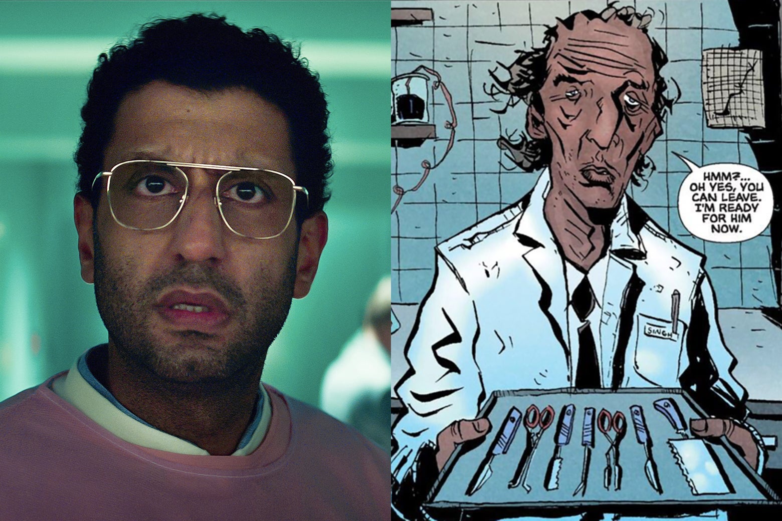 A split-screen: On the left, actor Adeel Akhtar, a normal looking guy wearing gold glasses and pink surgical scrubs, looks at the camera in the role of Dr. Singh on Sweet Tooth. On the right, a panel from the Sweet Tooth comic book showing Singh as Lemire draws him, a grotesque monster with a shamble of a face.