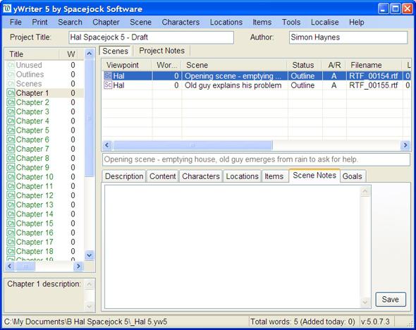 Screenshot of yWriter 5