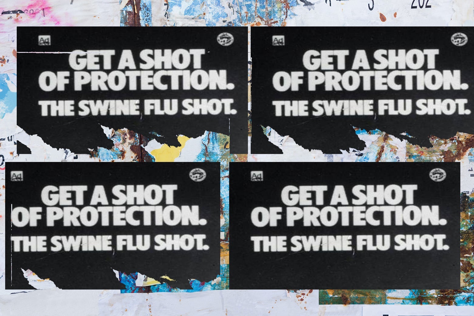Four signs reading "Get a Shot of Protection: The Swine Flu Shot"