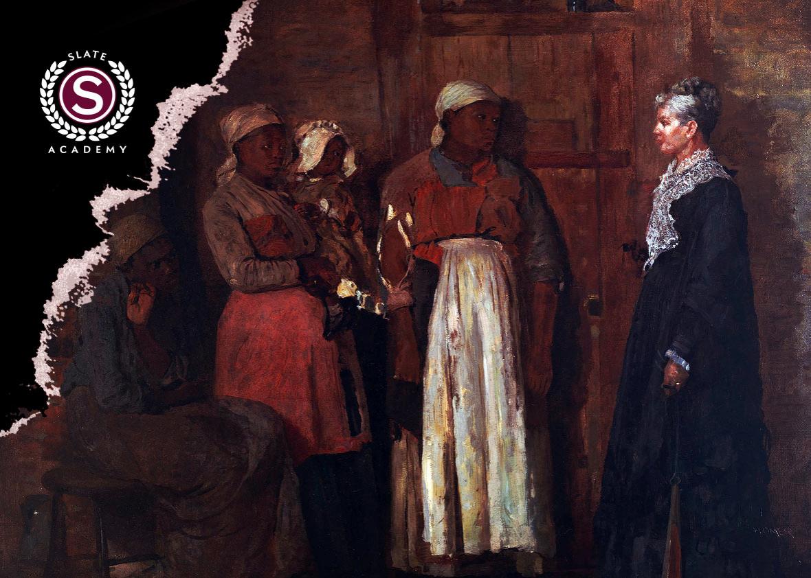 Winslow Homer's 1876 "A Visit from the Old Mistress" depicts a tense meeting between a group of newly freed slaves and their former slaveholder.