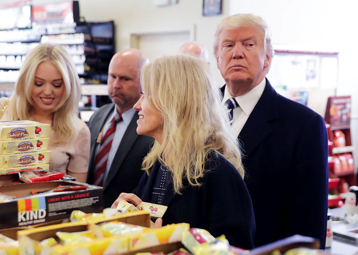 Republican presidential nominee Donald Trump, his daughter Tiffany Trump, and his campaign manager Kellyanne Conway shop for snack food at a Wawa gas station November 1, 2016 in Valley Forge, Pennsylvania. 