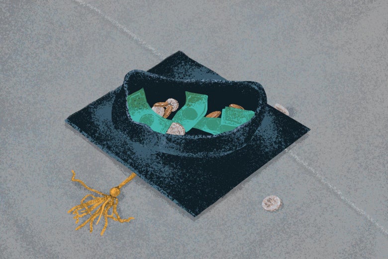 A graduation cap is seen upside down on a sidewalk, with change spilling out of it.