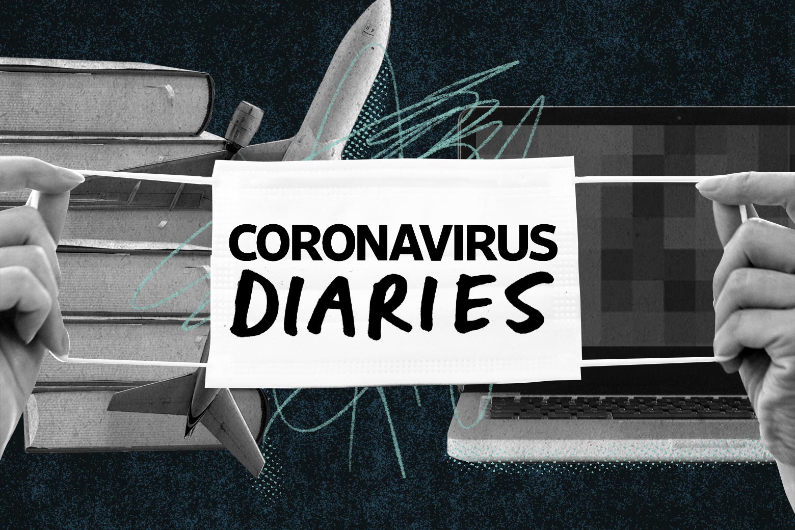 Amazon boxes, a plane, and a laptop with a blurred out screen behind a mask that says "Coronavirus Diaries."