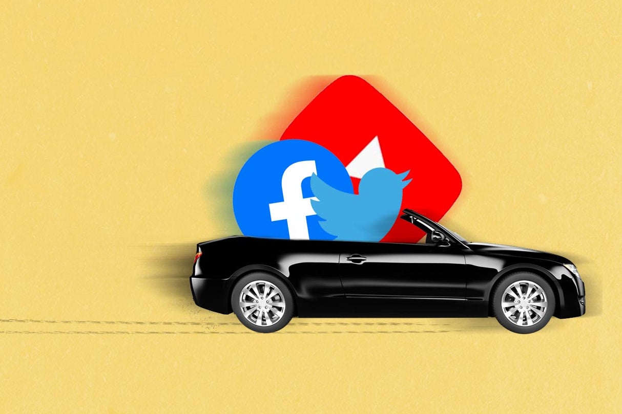 Twitter, Facebook, and YouTube logos ride in a speeding convertible with skid marks behind it