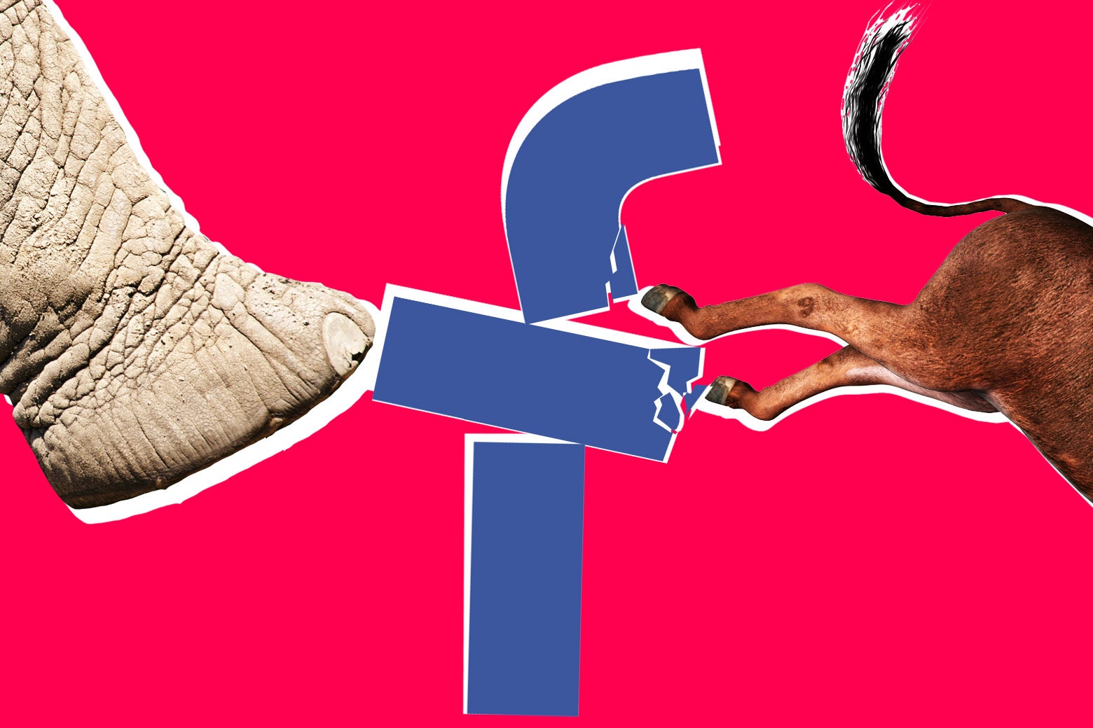 Elephant and donkey kicking Facebook logo.