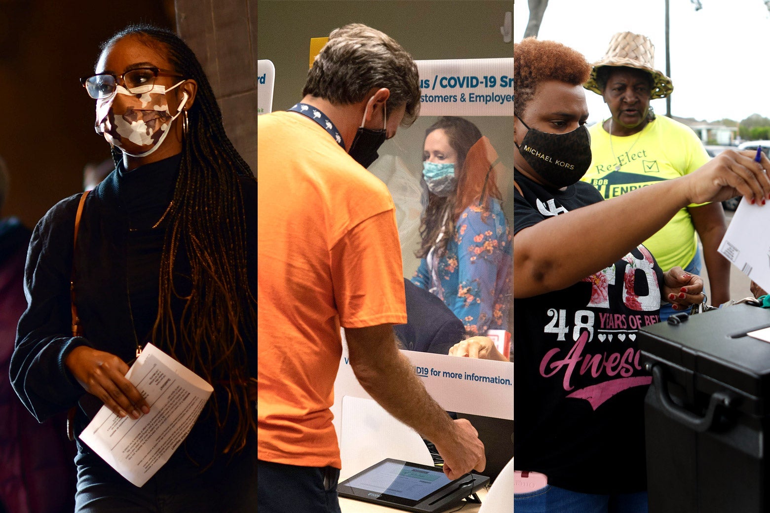 Side-by-side photos show different masked voters submitting their ballots.