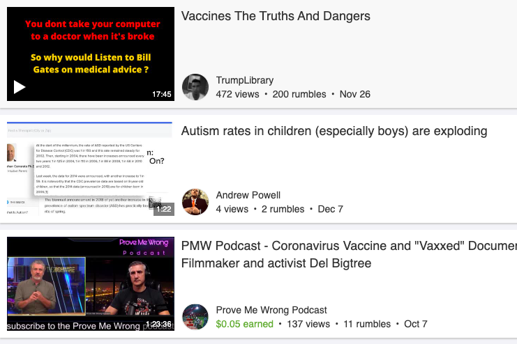 Screenshot of a list of vaccine misinformation videos that come up in a Rumble search
