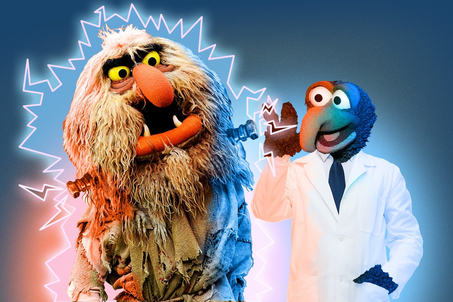 Sweetums the Muppet with Frankenstein bolts in his neck, surrounded by electicity, next to Gonzo the Muppet wearing a lab coat.