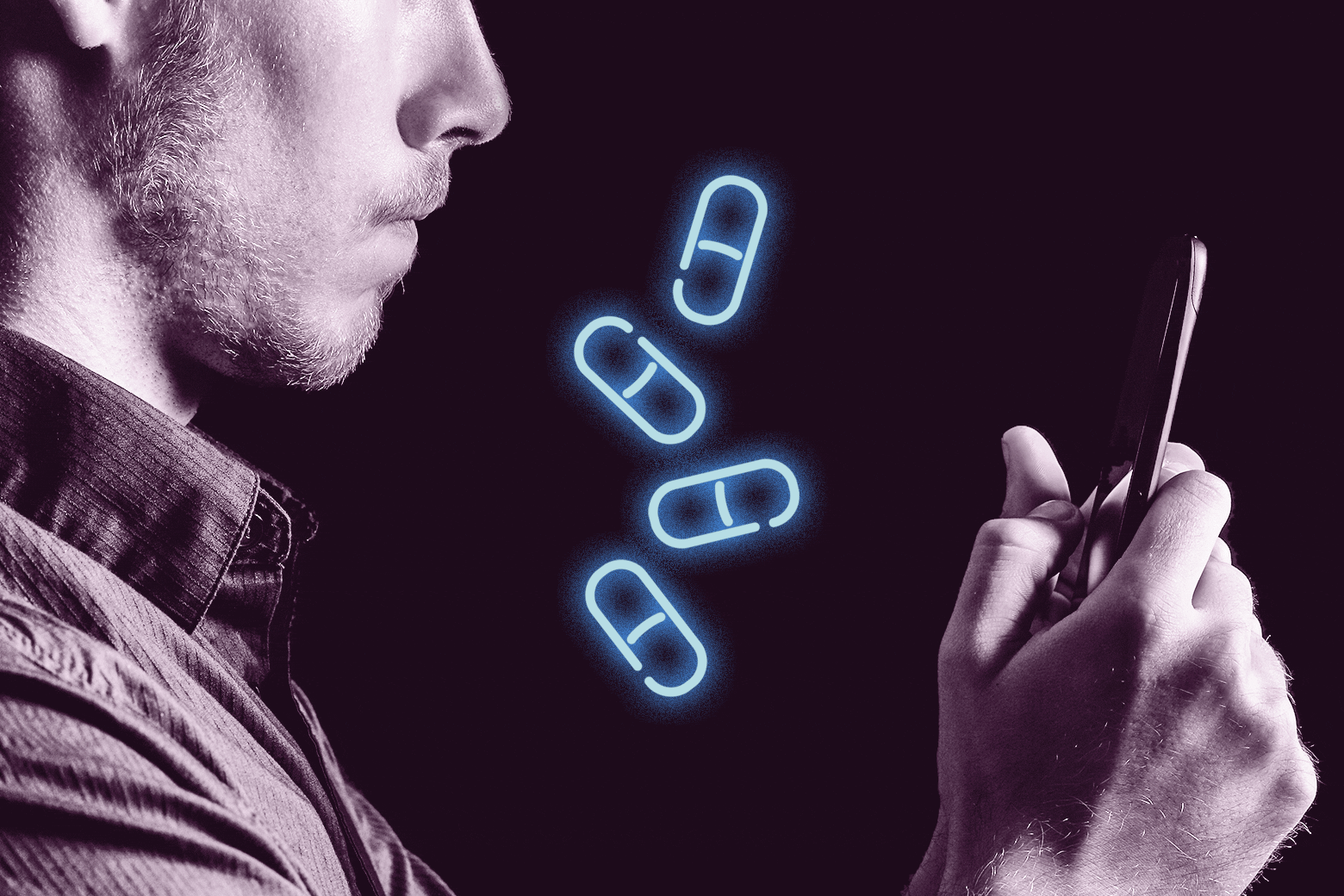 Guy looking at phone with neon PrEP pills falling around him.