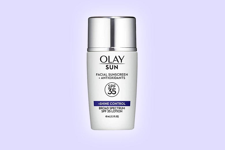 A bottle of Olay SPF 35 sunscreen lotion.