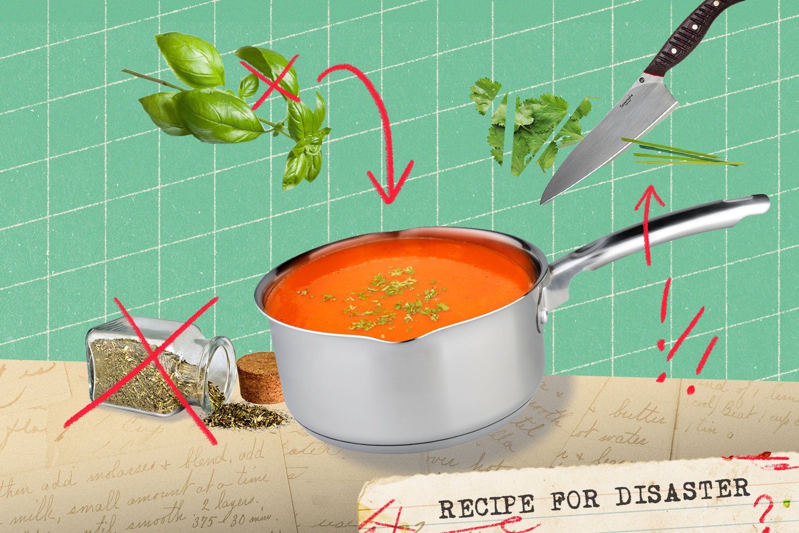 recipes A pot with red pasta sauce in it and a light sprinkling of basil leaves, with a knife, dry herbs, and fresh herbs around it and the label 