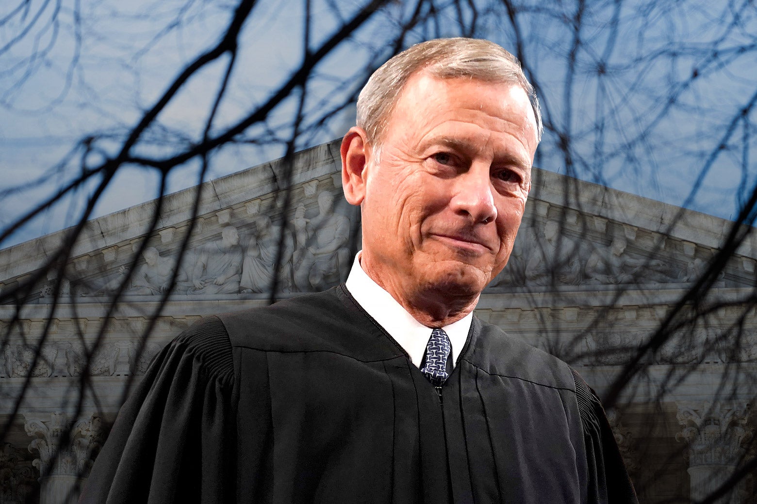 Chief Justice John Roberts smiling with the Supreme Court at his back.