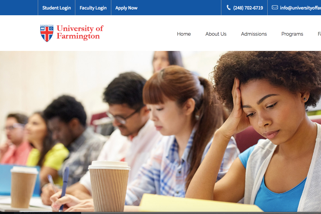 A screenshot of the website for the fake University of Farmington.