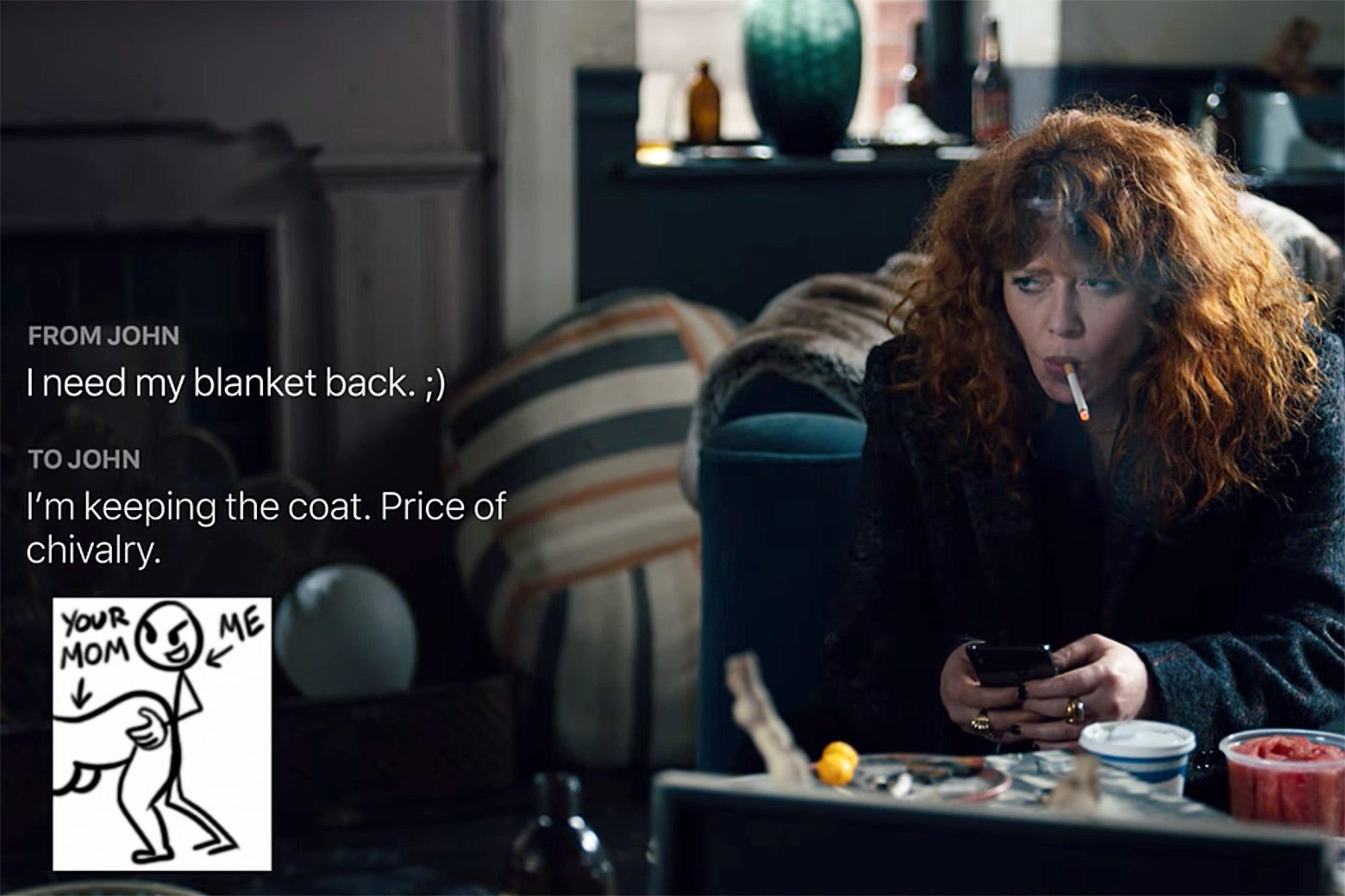 A still from Russian Doll where a GIF of a stickman having sex is in a text message.