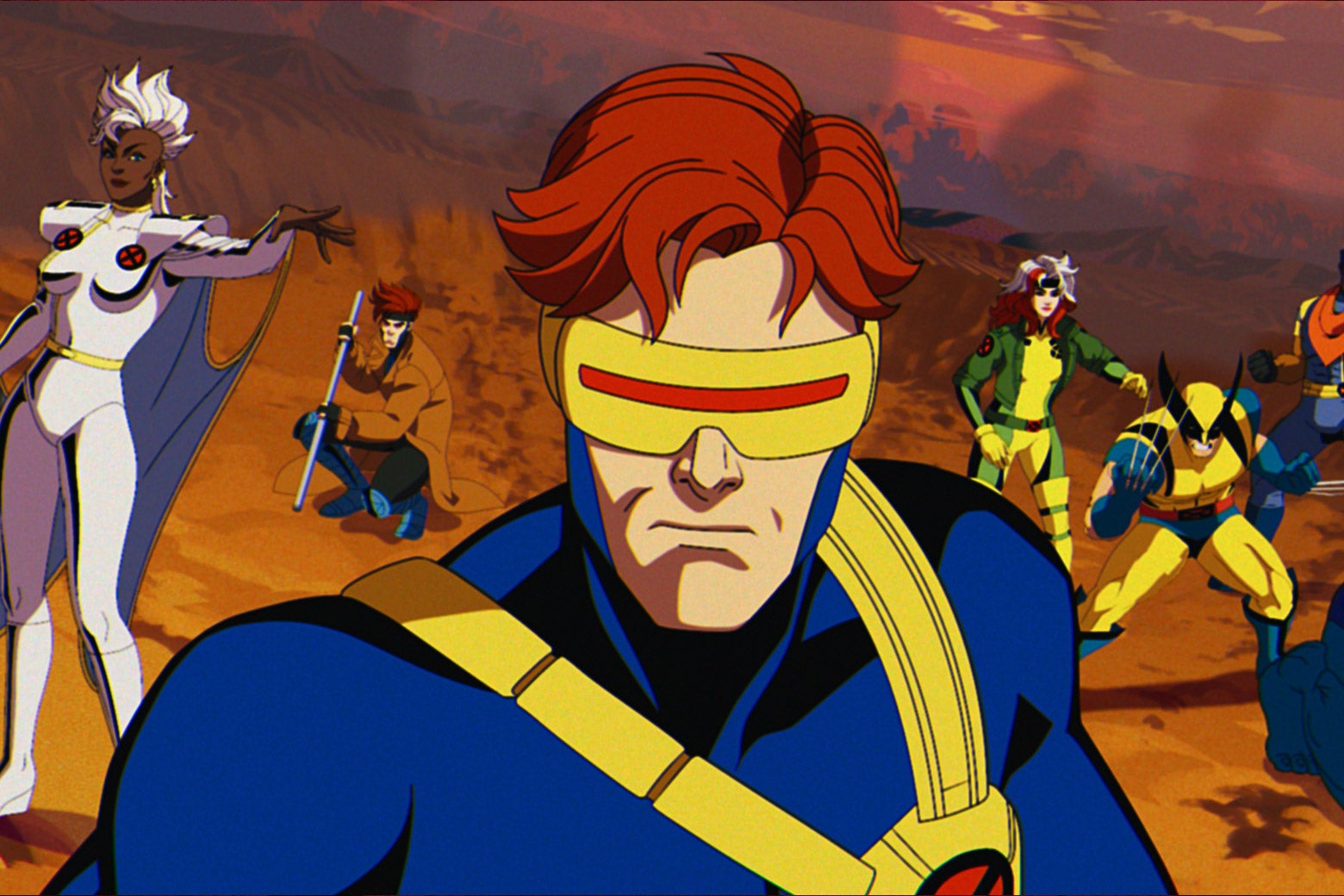 The X-Men in uniform, including Storm, Gambit, Rogue, and Wolverine, and Cyclops front and center.