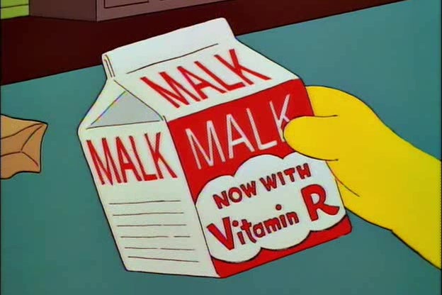 An image from The Simpsons showing Bart's hand holding a bottle of "Malk."