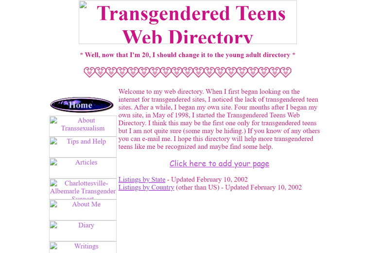 A screenshot of the Transgendered Teens Web Directory.