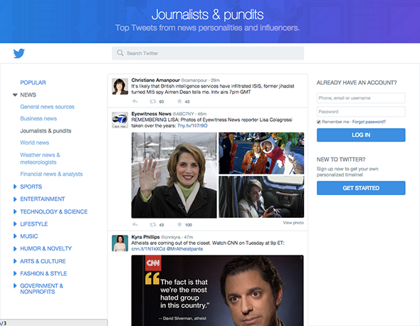 The new Twitter home page highlights conversations from journalists and pundits. 