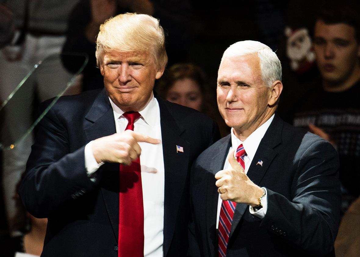 President-elect Donald Trump and Vice President-elect Mike Pence stand onstage together at U.S. Bank Arena on December 1, 2016 in Cincinnati, Ohio. 