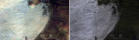 These are images of the famous New Kingdom (ca. 1800 BC) Harem town of el-Gurob, Egypt. In the before, very little is evident besides the remains of a large rectangular palace. In processed infrared high-resolution image, you can see the entire town to the north of the palace—elite villas, a street, and other structures.