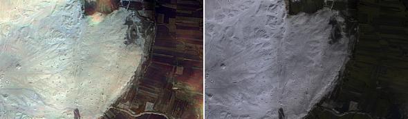 These are images of the famous New Kingdom (ca. 1800 BC) Harem town of el-Gurob, Egypt.  In the before, very little is evident besides the remains of a large rectangular palace.  In processed infrared high-resolution image, you can see the entire town to the north of the palace—elite villas, a street, and other structures.