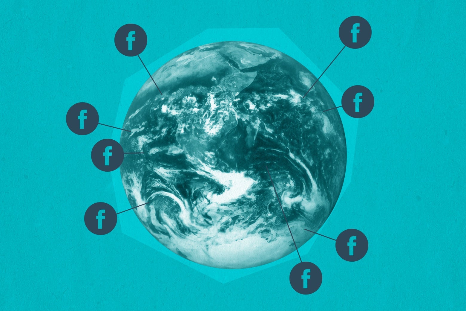 Globe surrounded by Facebook logos.