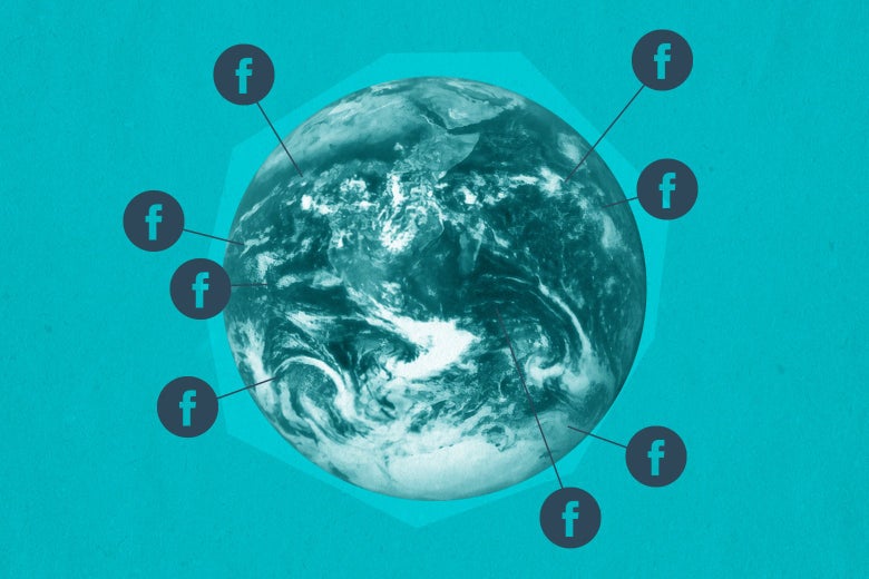 Globe surrounded by Facebook logos.