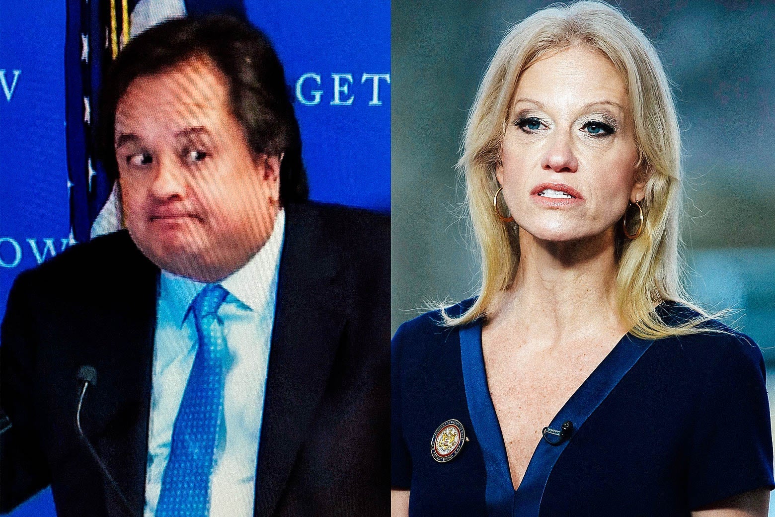 George Conway, making a sort of "not guilty," expression and Kellyanne Conway speaking.