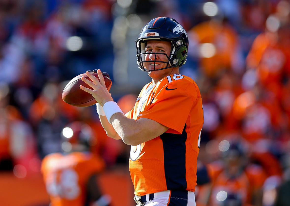 Peyton Manning of the Denver Broncos warms up before a game against the Kansas City Chiefs, Nov. 15, 2015, in Denver, Colorado.