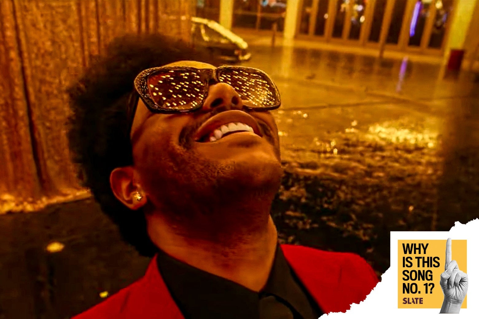 The Weeknd leans back and smiles with Vegas lights reflected in his sunglasses. The Why Is This Song No. 1 logo is in the corner.