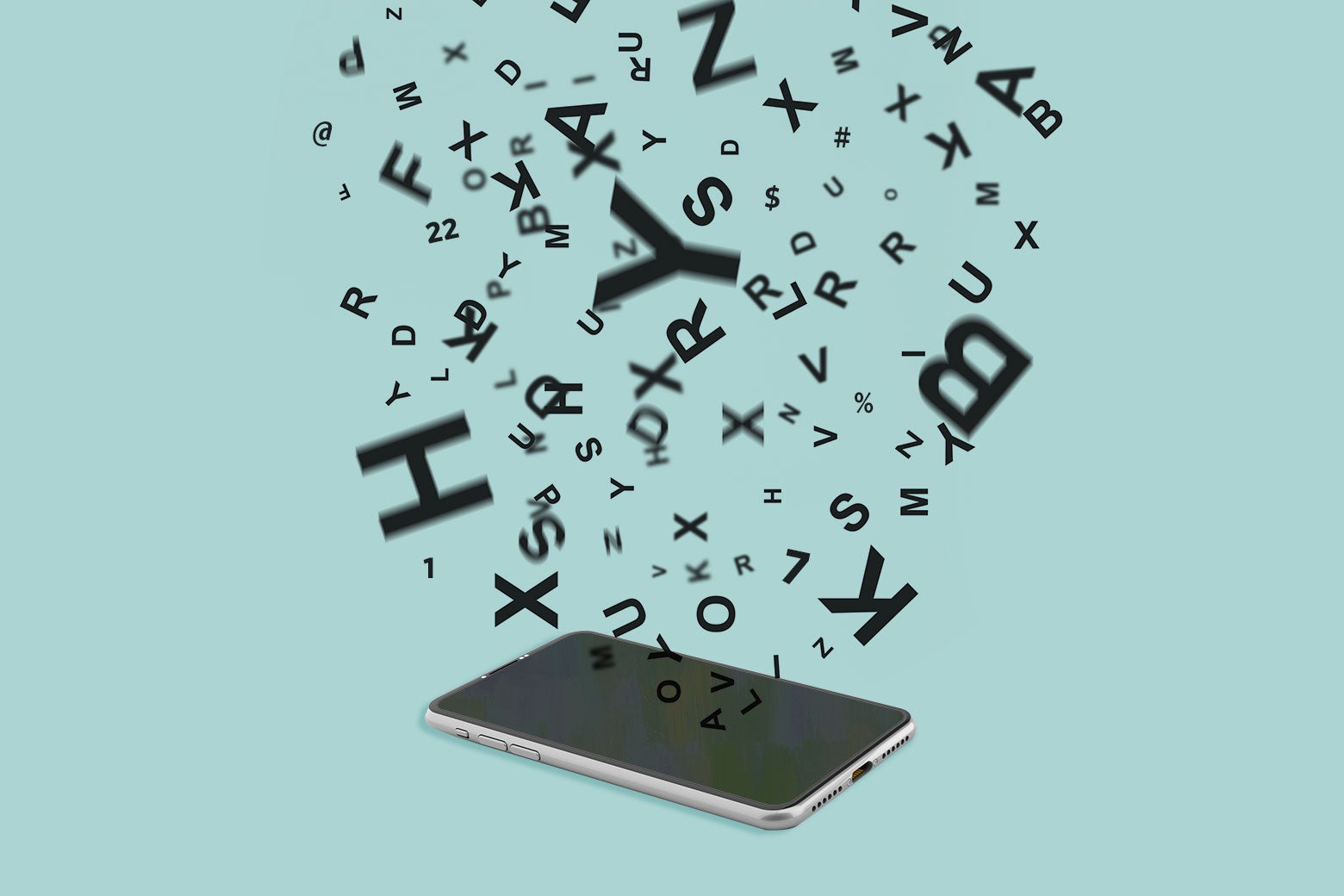 Scattered letters rain down, or out of, a smartphone.