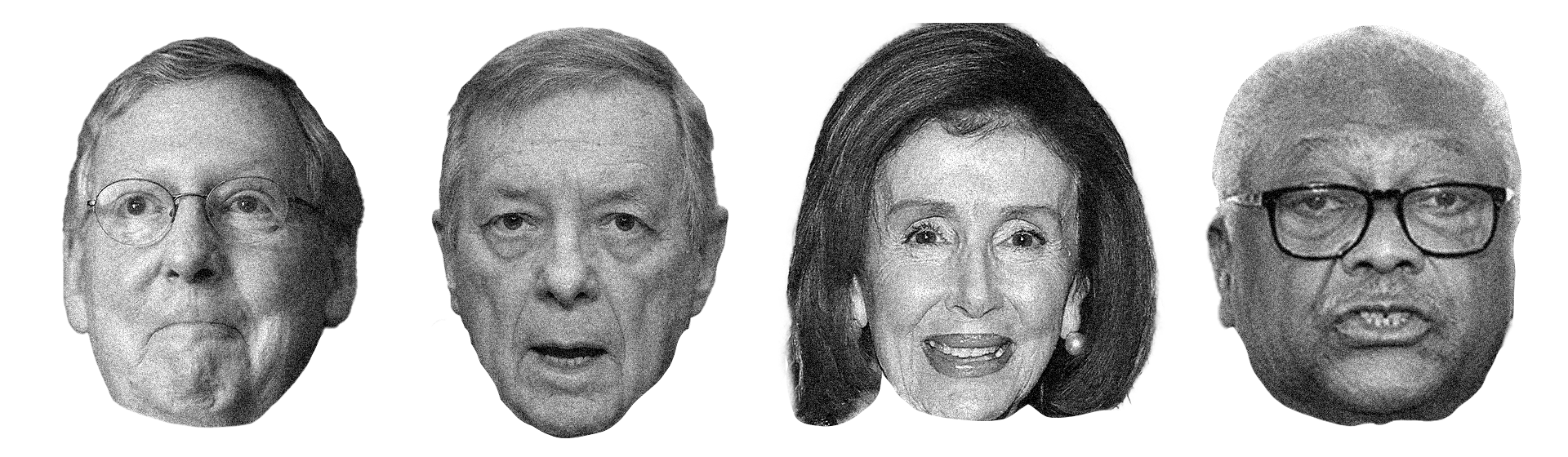 The faces of Mitch McConnell, Dick Durbin, Dianne Feinstein, and Nancy Pelosi, in black-and-white and side by side.
