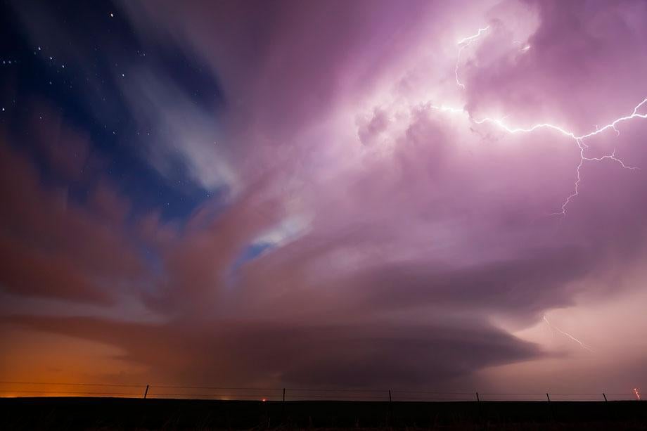 A supercell spins and produces lightning over western Oklahoma, March 30, 2008.