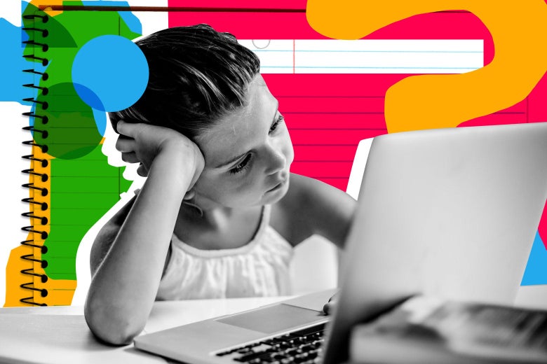 A girl with her head leaning against her hand looks at her laptop.