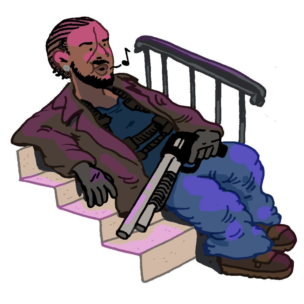 Illustration of Omar Little sitting on a stoop in The Wire.